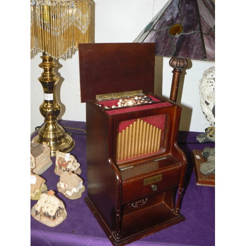 129 - WOODEN JEWELLERY MUSIC BOX (PLAYING 'LOVE STORY THEME') IN THE SHAPE OF A PIPE ORGAN WITH CONTENTS O... 