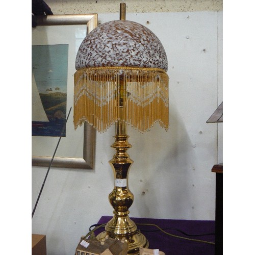 130 - TABLE LAMP WITH BRASS BASE AND BEADED GLASS SHADE