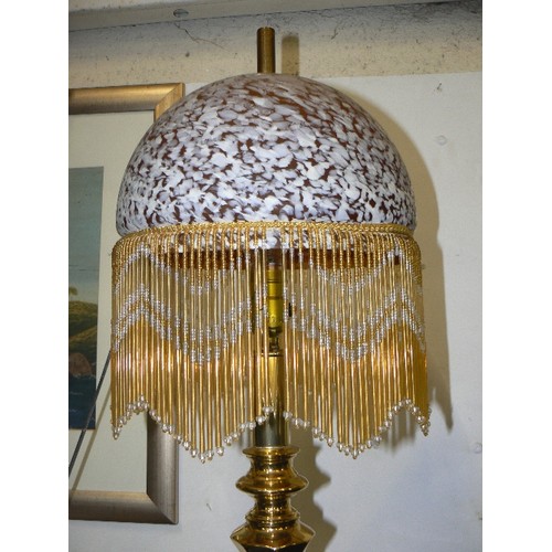 130 - TABLE LAMP WITH BRASS BASE AND BEADED GLASS SHADE