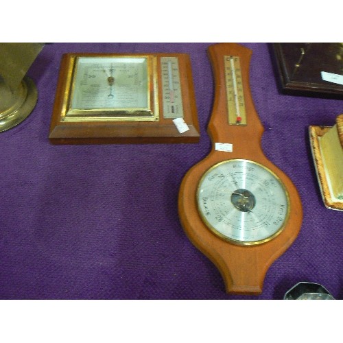 140 - BAROMETER AND CLOCK SET MOUNTED WITH HOOKS, A FURTHER BANJO BAROMETER PLUS ONE OTHER BAROMETER