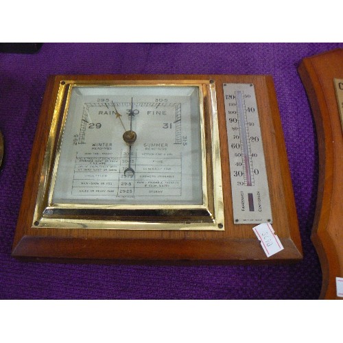 140 - BAROMETER AND CLOCK SET MOUNTED WITH HOOKS, A FURTHER BANJO BAROMETER PLUS ONE OTHER BAROMETER