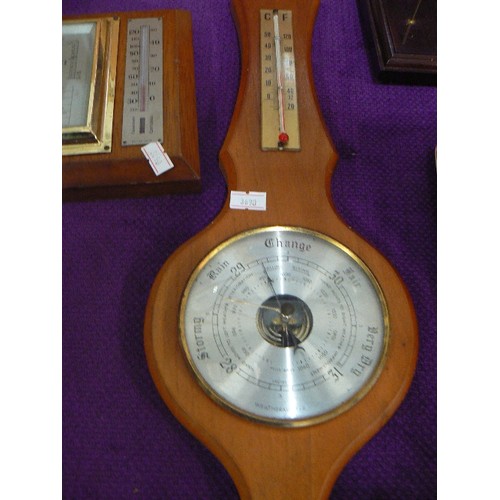 140 - BAROMETER AND CLOCK SET MOUNTED WITH HOOKS, A FURTHER BANJO BAROMETER PLUS ONE OTHER BAROMETER