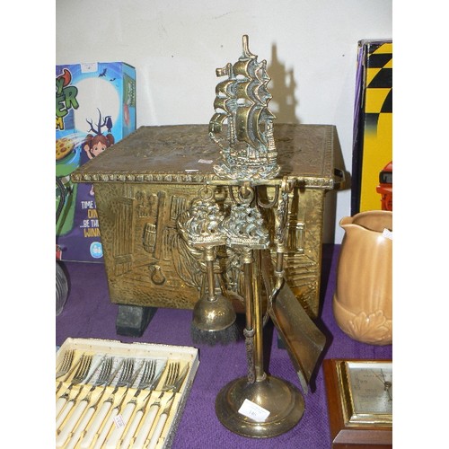 146 - BRASS COMPANION/FIRESIDE SET WITH SHIP DESIGN PLUS A BRASS COAL BOX