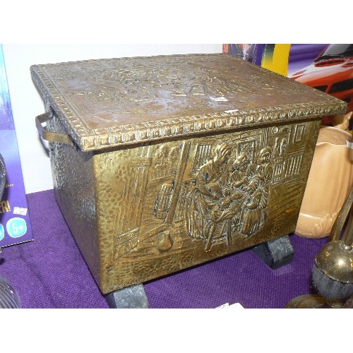 146 - BRASS COMPANION/FIRESIDE SET WITH SHIP DESIGN PLUS A BRASS COAL BOX