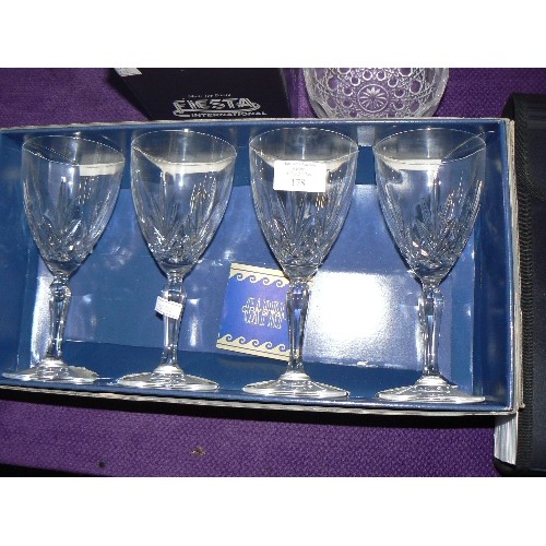 178 - SET OF 4 BOXED CRYSTAL GLASSES PLUS PAIR OF BOXED CRYSTAL DISHES