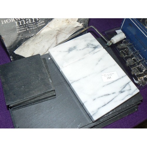 185 - 8 SLATE TABLEMATS, 6 SLATE COASTERS AND A MARBLE CHEESEBOARD