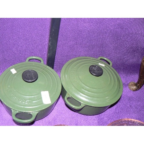 192 - 2 GREEN LE CREUSET CAST IRON LIDDED PANS, LIKE NEW INSIDE