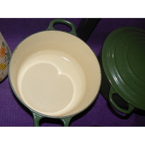 192 - 2 GREEN LE CREUSET CAST IRON LIDDED PANS, LIKE NEW INSIDE