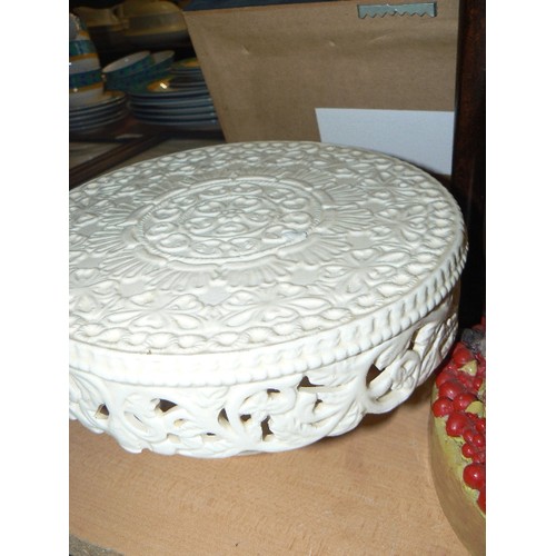 210 - WHITE CHINA CAKE STAND WITH CAKE ORNAMENT