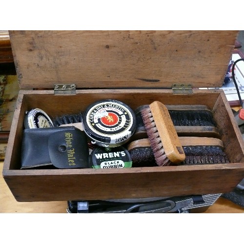 272 - WOODEN BOX WITH CONTENTS OF SHOE CLEANING ITEMS