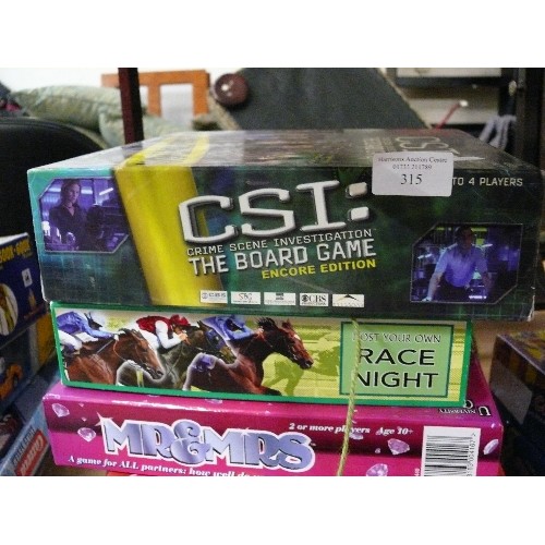 315 - COLLECTION OF BOARD GAMES INCLUDING MR & MRS, RISK AND CSI.