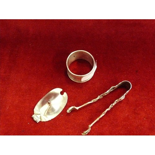 7 - COLLECTION OF SILVER ITEMS  INCLUDING NAPKIN RING, SUGAR NIPS AND MUSTARD POT LID.