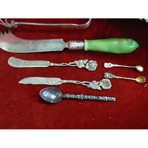 11 - DISH OF SILVER PLATE ITEMS.  TWO LAVISH PAIRS OF TONGS, SET CHILDS CUTLERY, COLLECTORS SPOONS PLUS.