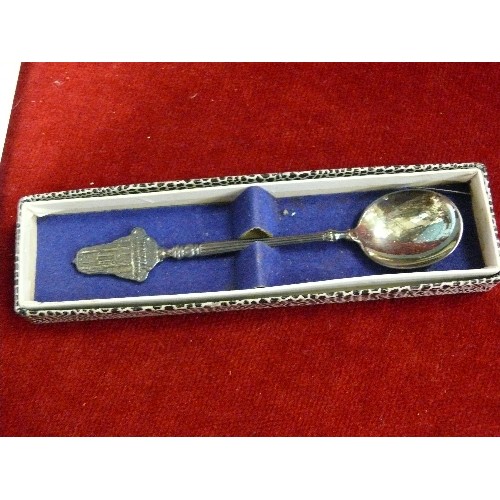 11 - DISH OF SILVER PLATE ITEMS.  TWO LAVISH PAIRS OF TONGS, SET CHILDS CUTLERY, COLLECTORS SPOONS PLUS.