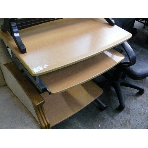 348 - METAL FRAMED, BEECH TOP WITH PULL OUT TRAY DESK AND A LOVELY FAUX LEATHER CHAIR WITH ARMS