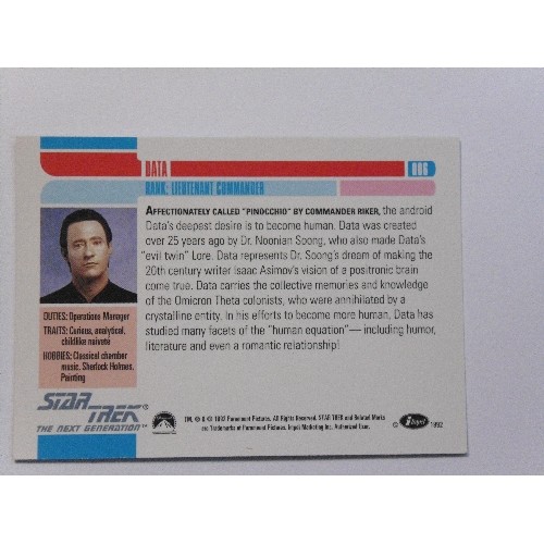 295 - A Signed Star Trek The Next Generation Impel trading card , No 006. Lieutenant Commander Data. Autog... 