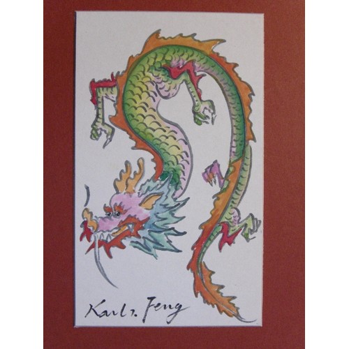 149 - Karl Feng - Taiwanese / Cincinnati Ohio artist - Two original signed watercolours of dragons in pen ... 