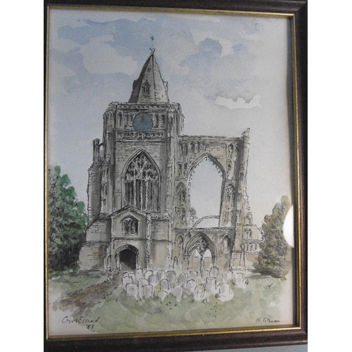 148 - N Titman - 20th Century,Lincs artist. Three pen and wash watercolours of Crowland Abbey and Trinity ... 