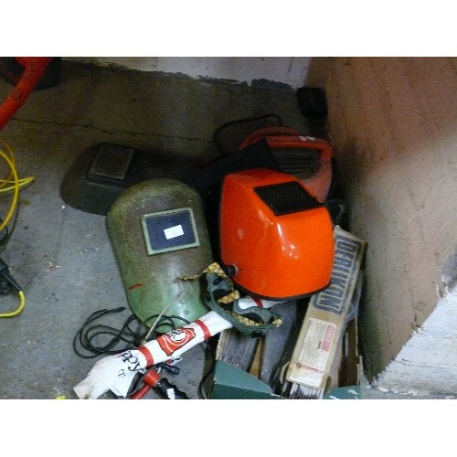 407 - ARC WELDING LOT - ARC WELDER, WELDING MASKS AND A GOOD QUANTITY OF WELDING RODS