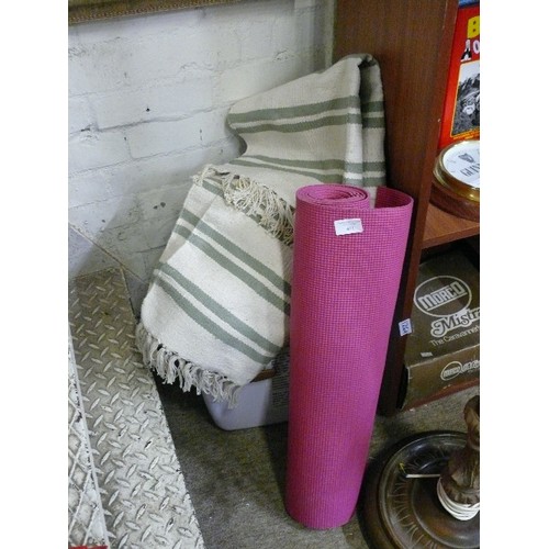 411 - IKEA GREEN/CREAM  FRINGE RUG AND A PINK YOGA MAT