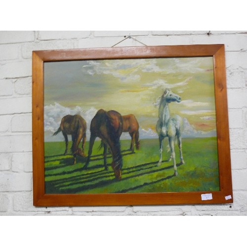 412 - OIL ON BOARD,  HORSES GRAZING, SIGNED SUE FOX, FRAMED