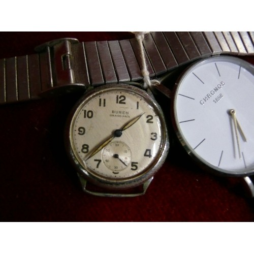 25 - 3 WATCHES 1 VINTAGE BUREN GRAND PRIX. A ROYAL VITAGE GENTS WITH DATE, CHRONOS GENT WATCH