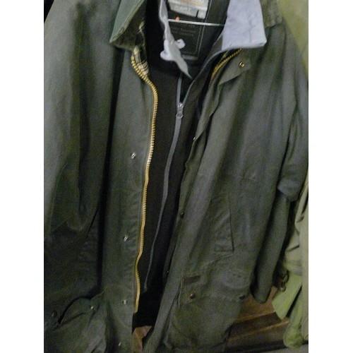 433 - GENTS REGATTA GREEN WAX JACKET WITH REGATTA SOFTSHELL GILET PLUS ANOTHER BROWN WAX JACKET, ALSO WITH... 