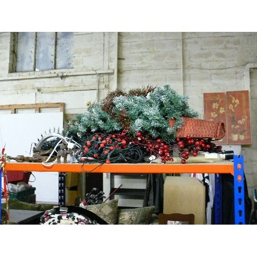 436 - CHRISTMAS LOT - WALL MOUNTED TREE, VARIOUS LIGHTS AND CARVED DONKEY AND CAMELS