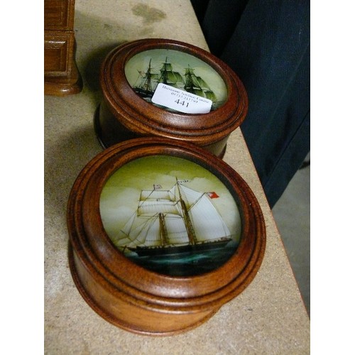 441 - A PAIR OF DARK POLISHED SOLID OAK GENTLEMANS CIRCULAR PIN/STUD BOWLS WITH UNUSUAL SAILING SHIP PRINT... 
