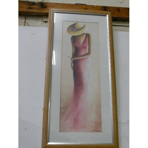 48 - LARGE LADY IN PINK PRINT BY CAROLINE WENIG, FRAMED AND GLAZED