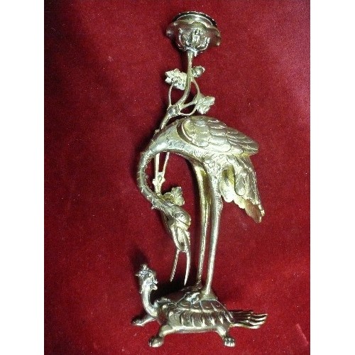 268 - PAIR OF DECORATIVE BRASS CANDLESTICKS DEPICTING A CRANE RIDING A DRAGON TORTOISE