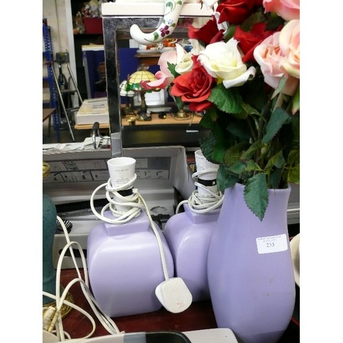 233 - LILAC COLOURED CERAMIC VASE WITH CONTENTS OF ARTIFICAL FLOWERS PLUS A MATCHING PAIR OF LILAC COLOURE... 