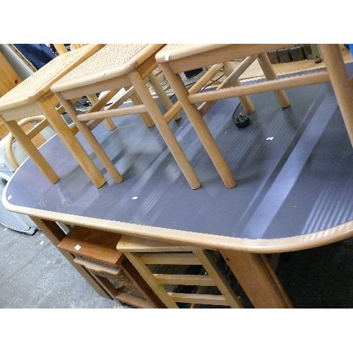 361 - LARGE DINING TABLE WITH CURVED GREY SLATE TOP WITH FOUR CHAIRS.