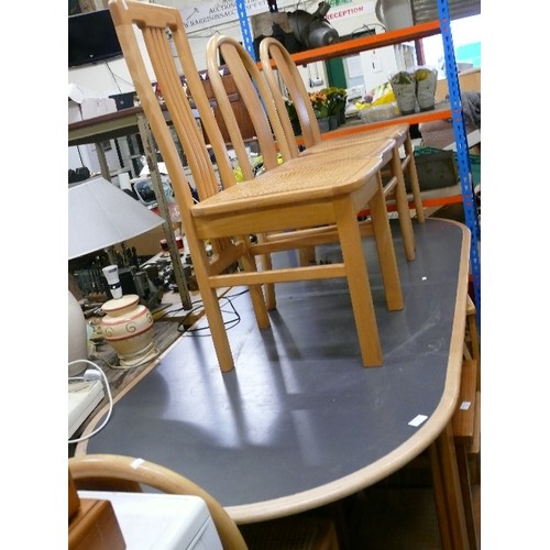 361 - LARGE DINING TABLE WITH CURVED GREY SLATE TOP WITH FOUR CHAIRS.