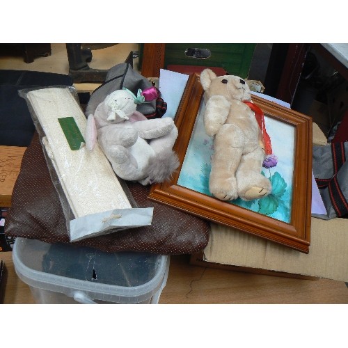 1022 - MIXED LOT INCLUDING OLD ROPE, CUDDLY TOYS, FAIRY PICTURE, LEATHER CUSHION