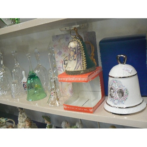 66 - LARGE COLLECTION OF GLASS AND CERAMIC BELLS INCLUDING MASONS.