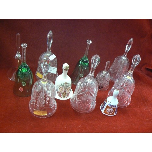 66 - LARGE COLLECTION OF GLASS AND CERAMIC BELLS INCLUDING MASONS.