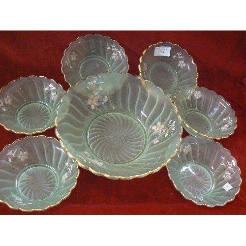 84 - 1950'S TRIFLE SET IN GREEN FROSTED GLASS WITH ENAMEL FLOWER DESIGN.