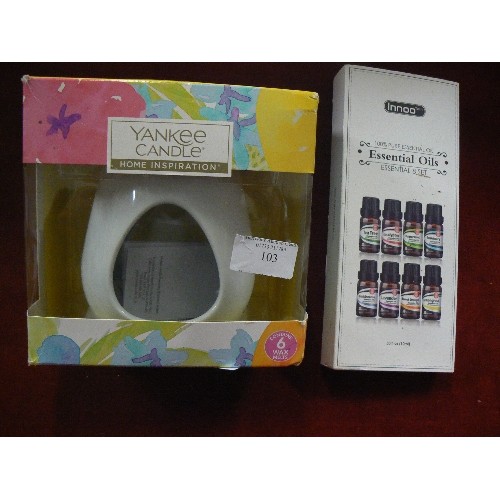 103 - BOXED YANKEE CANDLE MELT WARMER, BOXED AROMA DIFFUSER PLUS SET OF ESSENTIAL OILS.