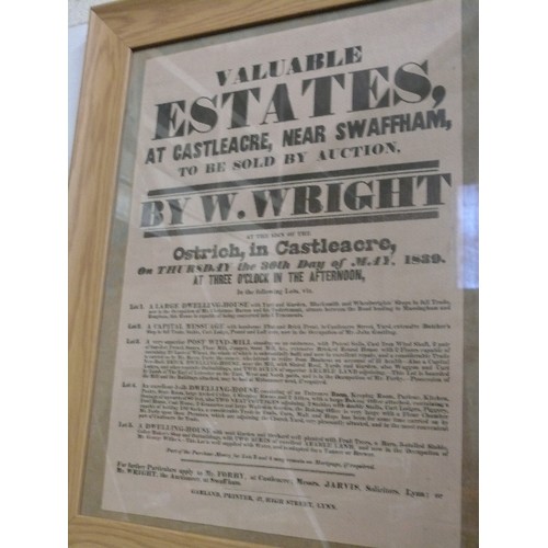 160 - GLAZED AND FRAMED POSTER ADVERTISING A VALUABLE ESTATES AUCTION AT CASTLE ACRE, SWAFFHAM IN 1839.