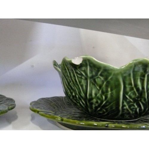 101 - PAIR OF CABBAGEWARE PLATES, BUTTER DISH AND BOWL (CHIP TO THE SIDE OF THE BOWL).