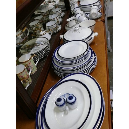 238 - LARGE BLUE AND WHITE DINNER SERVICE BY HUGHES INCLUDING SOUP TUREENS, DINNER PLATES, PLATTERS, CUPS ... 