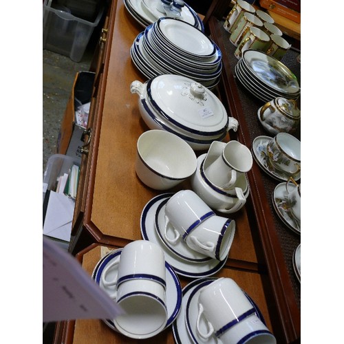 238 - LARGE BLUE AND WHITE DINNER SERVICE BY HUGHES INCLUDING SOUP TUREENS, DINNER PLATES, PLATTERS, CUPS ... 