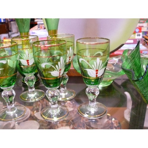 241 - LARGE COLLECTION OF LOVELY GREEN GLASS ITEMS INCLUDING ETCHED WINE GLASSES WITH GREEN STEMS, A PAIR ... 