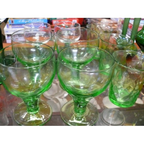 241 - LARGE COLLECTION OF LOVELY GREEN GLASS ITEMS INCLUDING ETCHED WINE GLASSES WITH GREEN STEMS, A PAIR ... 