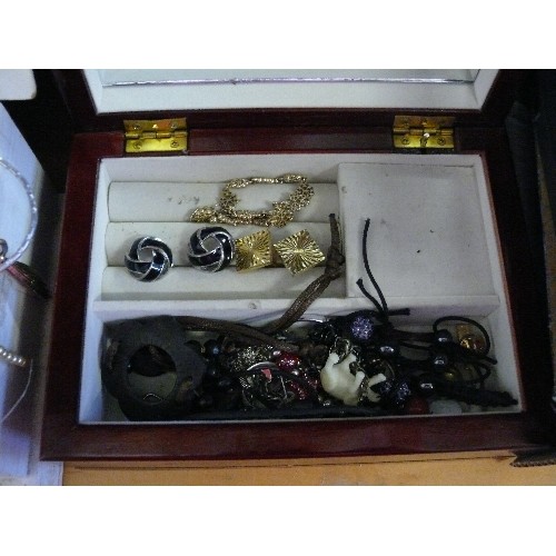 255 - WOODEN JEWELLERY BOX WITH QUANTITY OF COSTUME JEWELLERY PLUS TWO OTHER JEWELLERY BOXES.