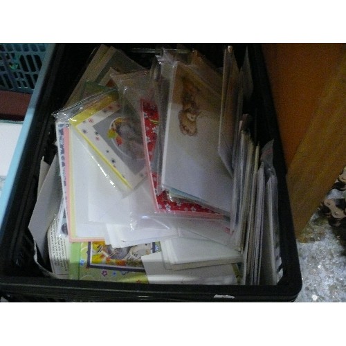 257 - THREE CRATES OF CRAFT ITEMS - CARDS, PAPER ETC.