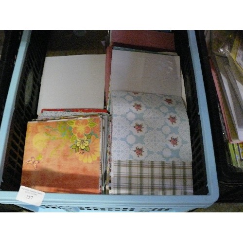 257 - THREE CRATES OF CRAFT ITEMS - CARDS, PAPER ETC.