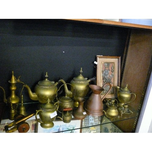 296 - SHELF OF METALWARES INCLUDING COPPER AND BRASS - KETTLES, CANDLE HOLDER ETC.