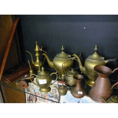 296 - SHELF OF METALWARES INCLUDING COPPER AND BRASS - KETTLES, CANDLE HOLDER ETC.